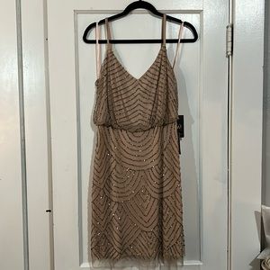 Adrianna Papell nude mesh bronze beaded mini dress